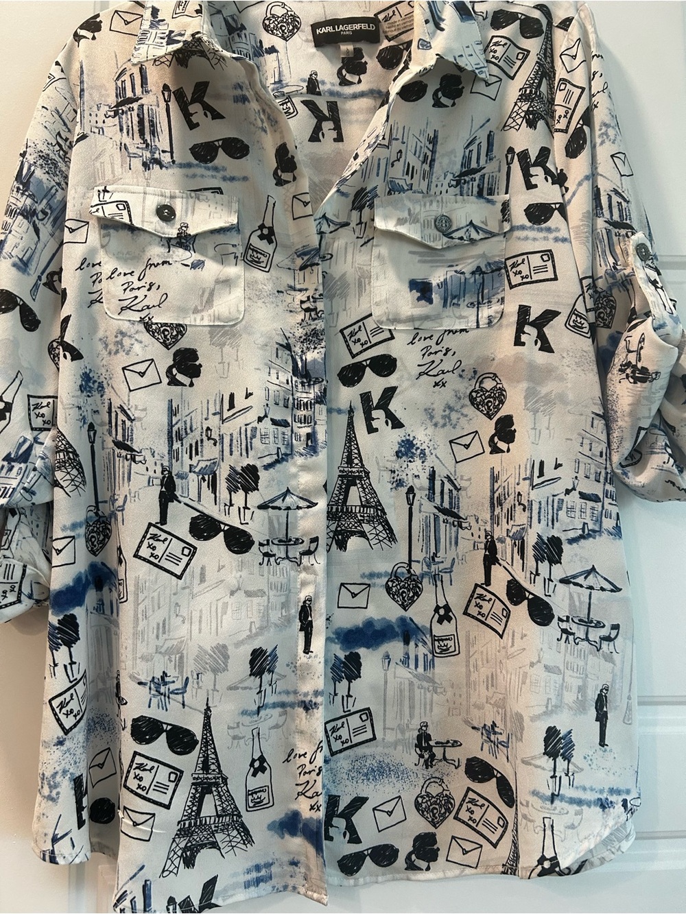 Karl Lagerfeld White Button-Down Shirt with Navy Paris Print